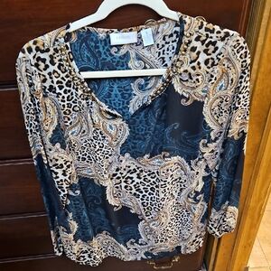 Chico's Blue and Cream Blouse with Long Sleeves